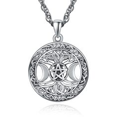 PRICES MAY VARY. Design: The triple moon Goddess represents the Maiden, Mother, and Crone as the waxing, full, and waning moon. It is also associated with feminine energy, mystery and psychic abilities. REAL 925 STERLING SILVER: this men pentacle necklace will not change colors or tarnish. HYPOALLERGENIC Mens Pentagram Necklace : no allergic reaction on it, no nickel, no lead. Pentagram Pendant Size: 18*30mm/0.7*1.18inch, Adjustable Stainless Steel Chain: 20+2". WHAT YOU GET: silver pentagram ne Pentacle Necklace, Moon Goddess Necklace, Waning Moon, Pentagram Necklace, Goddess Pendant, Celtic Knot Pendant, Triple Moon Goddess, Pentagram Pendant, Necklace Packaging