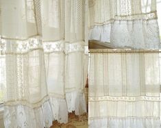 the curtains in this room are white and have lace trims on them, along with an open window