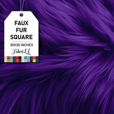 a purple fur with a white tag hanging from it's center and the words faux fur square above it