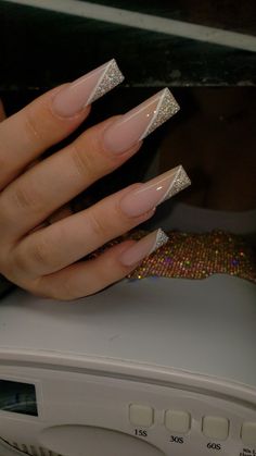 Gold Reflective Nails, French Tip And Glitter Nails, Glitter French Tips Coffin, Reflective French Tip Nails, Pretty Nail Ideas Acrylic Long, Cute Neutral Nails Acrylic, Reflective Nails Design, Square Long Nails Acrylics, Prom Gold Nails