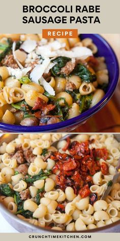 broccoli rabe sausage pasta in a blue bowl