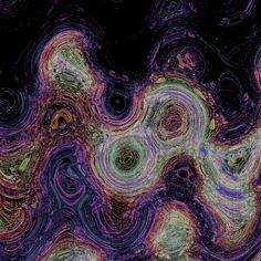 an abstract painting with many different colors and patterns on it's black background, as well as swirly lines