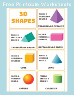 This simple, and colorful 3D shapes word mat or #poster can be used to teach kids the names and attributes of various #3Dshapes. One page shows seven common 3D shapes, with their proper names, and the corresponding number of faces, vertices, and edges.  The other sheet shows just the shapes, with their names. Maths Fun, Math Tables, Shapes Worksheet Kindergarten, Shape Activities, Shapes Kindergarten