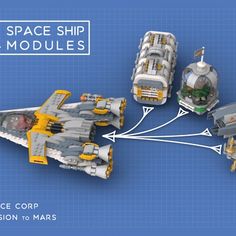 the space ship model is shown in three different positions