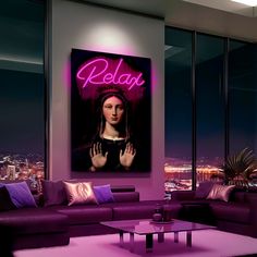 a living room with purple furniture and a painting on the wall above it that says relax