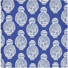 a blue and white wallpaper with vases on it