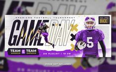 a purple and white football card with the name game day written in gold on it