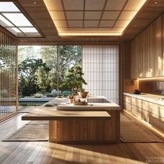 a kitchen with wooden cabinets and counter tops next to a sliding glass door that leads outside