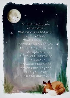 a fox laying down in the grass under a full moon with a poem written on it