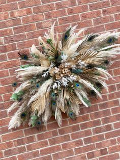 peacock feathers are arranged on the side of a brick wall