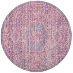 a round rug with an ornate design in pink and purple tones on a white background