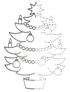 a christmas tree with candles and ornaments on it's side, drawn in black ink