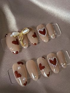 Coquette Valentines Nails, Nails Charm, Charm Nails, Nails Elegant, Custom Press On Nails, Pink Ombre Nails, Nails Design With Rhinestones, Pearl Nails, Soft Nails