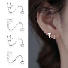 Womens Silver Small Star Heart Spiral Huggie Hoop Earrings Trendy Ear Stud 2pcs | eBay Minimalistic Ear Piercings, Second Piercing Earrings, Goddess Of Fortune, Small Silver Earrings, Simple Silver Earrings, Star Hoop Earrings, Pretty Ear Piercings, Fancy Jewelry Necklace, Pretty Jewelry Necklaces