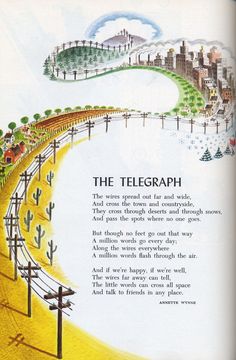 an old advertisement for the telegraph shows a train going over a bridge with power lines