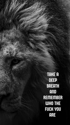 a black and white photo of a lion's face with the words take a deep breath and remember who the lion you are