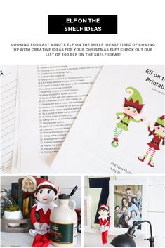 an elf is on the shelf next to some pictures and other things in front of him