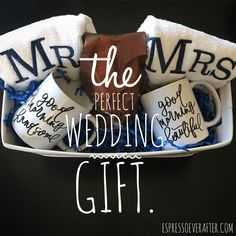 the perfect wedding gift is wrapped in white and blue ribbon with coffee mugs on it