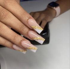 Square Acrylic Nails Gold Flakes, Gold Leaf French Tip Nails, White And Gold Nails Prom, French Tip With Gold Flakes, French Tip Nails With Gold, Nails With Gold, Gold Acrylic Nails