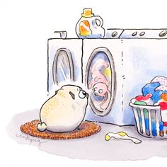 a drawing of a cartoon character looking into a washing machine