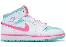 the nike air jordan 1 mid is available in white, pink and blue with turquoise accents