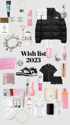 a bunch of items that are on top of a white background with the words wish list