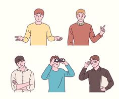 four men are looking through binoculars while one man is holding his hand up to the side