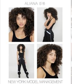 the model is wearing all black and has her hair pulled back in an afro style