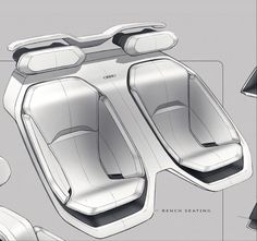 an overhead view of a futuristic car with seats and steering wheel archs in the center