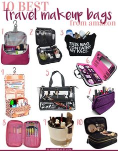 the best travel makeup bags from amazon in pink and white with text overlay that says, 10 best travel makeup bags from amazon