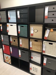 the shelves are filled with many different types of drawers