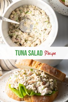 tuna salad recipe in a bowl and on a white plate with a serving utensil