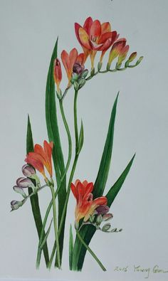 a painting of flowers in a vase with green leaves on the bottom and red, orange, and purple flowers