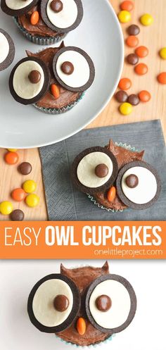 chocolate owl cupcakes on a plate with candy