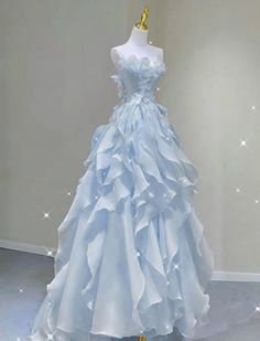 Princess Dresses Blue, Blue Butterfly Prom Dress, Blue Gowns Elegant, Water Inspired Dress, Ocean Themed Dress, Royal Prom Dress, Disney Prom Dresses, Fairy Ball Gown, Cinderella Prom Dress