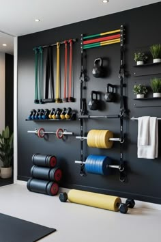 a wall mounted gym equipment in a room with black walls and white flooring, along with potted plants