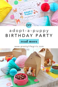 an adorable puppy birthday party with dog treat boxes and paper pom poms on the table