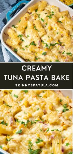 creamy tuna pasta bake in a casserole dish