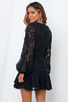 Elevated Angels Dress Navy | Hello Molly USA Couture, Short Lace Dress, Dress For Short Women, Navy Dress, Style Boho, Types Of Skirts, Lantern Sleeves, Balloon Sleeves, Lace Overlay