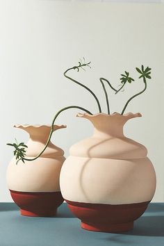 two white vases with green stems sticking out of them