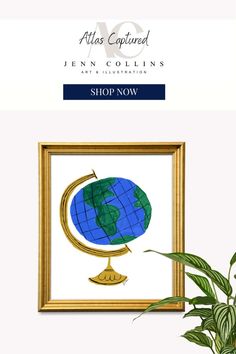 an image of the earth on display in a gold frame, with text that reads shop now