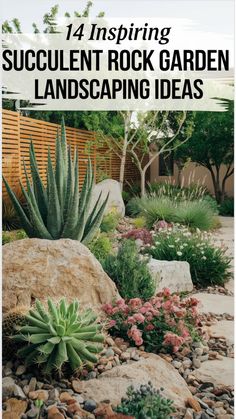 Succulent rock garden landscaping with cactus, stones, and flower beds in a beautiful outdoor setting. Landscaping Stones, Front Yards, Low Maintenance Landscaping