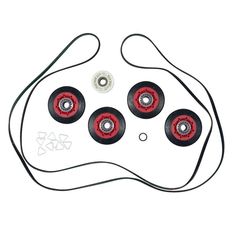 four red wheels with black spokes are shown on a white background and one is attached to