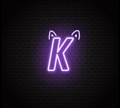 the letter k is illuminated in purple neon lights on a dark brick wall, it appears to be glowing