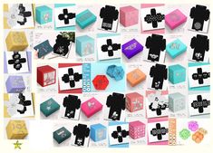 an assortment of different colored boxes with designs on the top and bottom, all in different colors