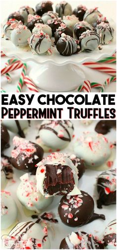 chocolate peppermint truffles on a white platter with candy canes