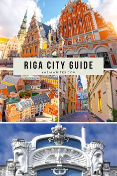 riga city guide with pictures of buildings and the words riga city guide above it in white