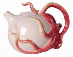 an octopus shaped teapot is shown in red and white with the tentacles curled up