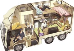 the floor plan of a mobile home with people sitting on couches and sleeping in bunk beds