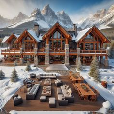 a large log home with outdoor furniture in the snow